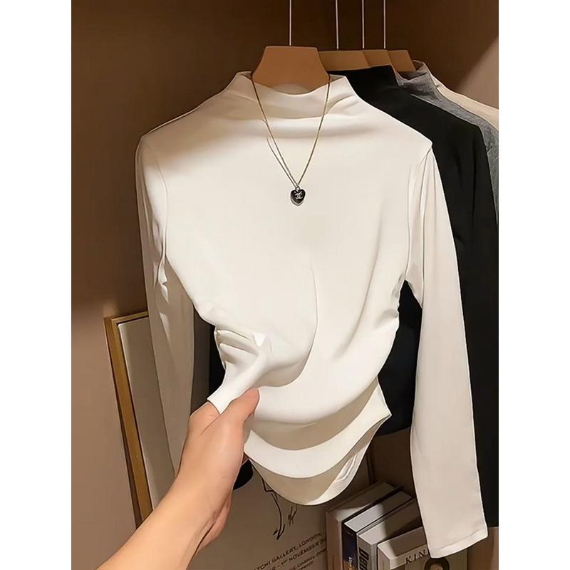 Waist pleated irregular bottoming shirt women's spring slim and thin Spice girl style long-sleeved T-shirt with top inside