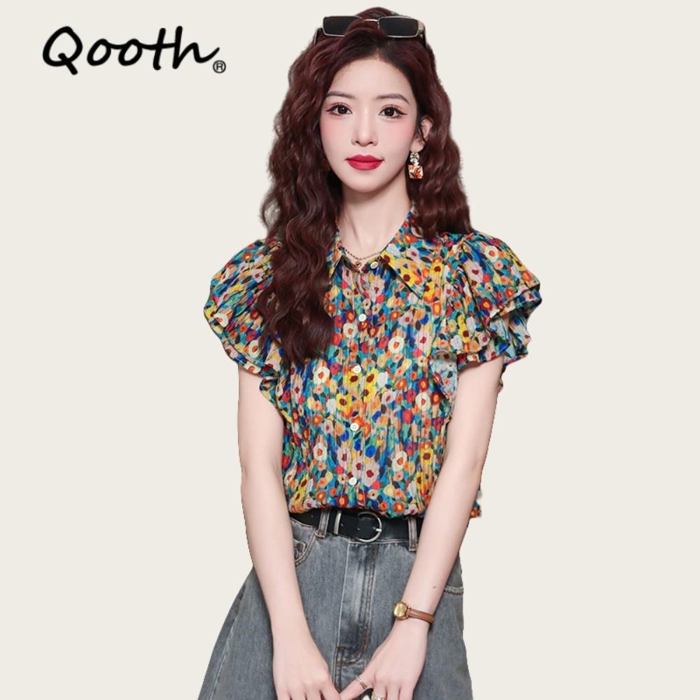 Qooth Women Summer Vintage Floral Ruffled Collar Blouse Hong Kong Style Short Sleeves Blouse QT2648