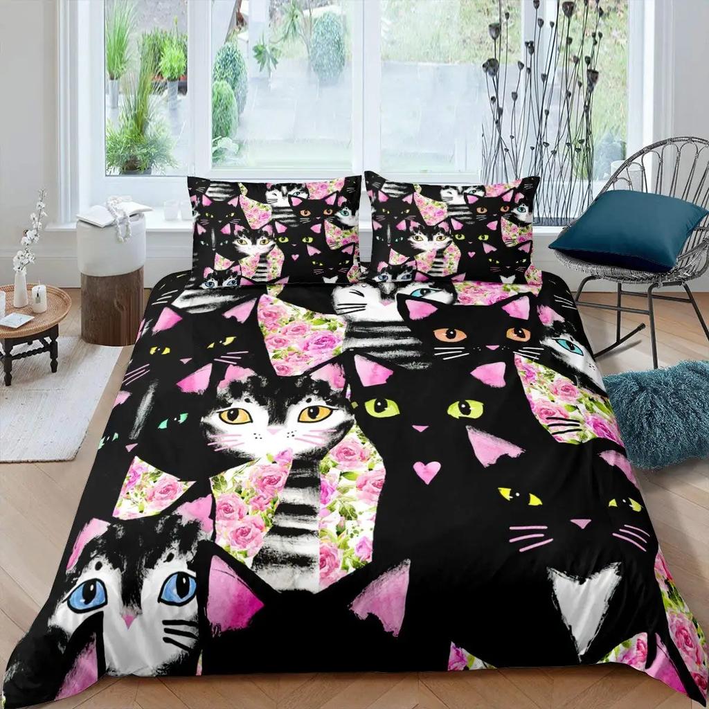 Cat Flowers King Queen Duvet Cover 3D Pet Kitty Floral Bedding Set Teens Adult Yellow Chrysanthemum 2/3pcs Polyester Quilt Cover