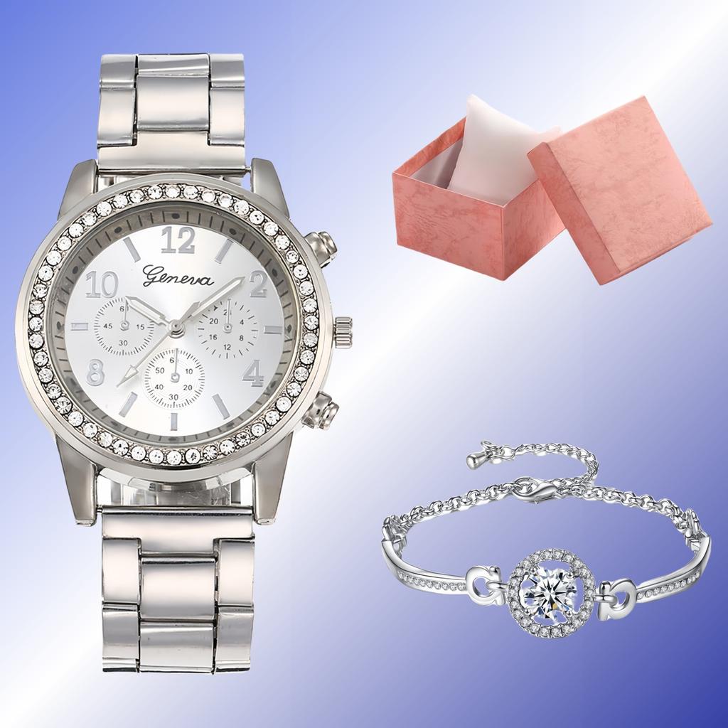 Three-eye Watch with Diamond Alloy Steel Belt Watch Women's Geneva Quartz Watch Set