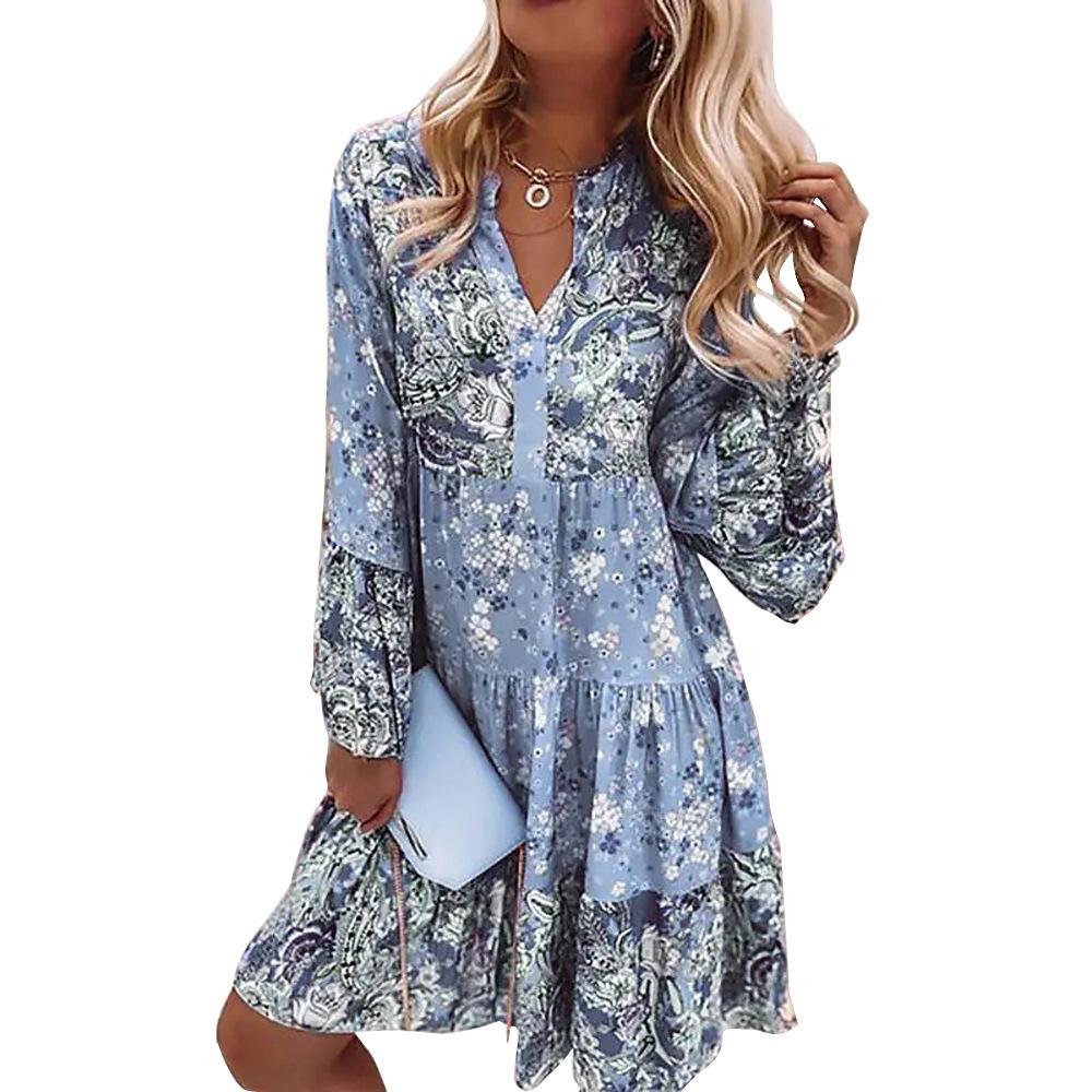 Women's Dress Bohemian Floral Printed V Neck Mini Dresses Casual Loose Elegant Flare Sleeve Lady Beach Holiday Dress