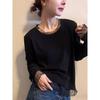 Plus Size Velvet Korean Style Long Sleeve Slimming Top for Women - Autumn/Winter Loose Mesh Patchwork Warm Top