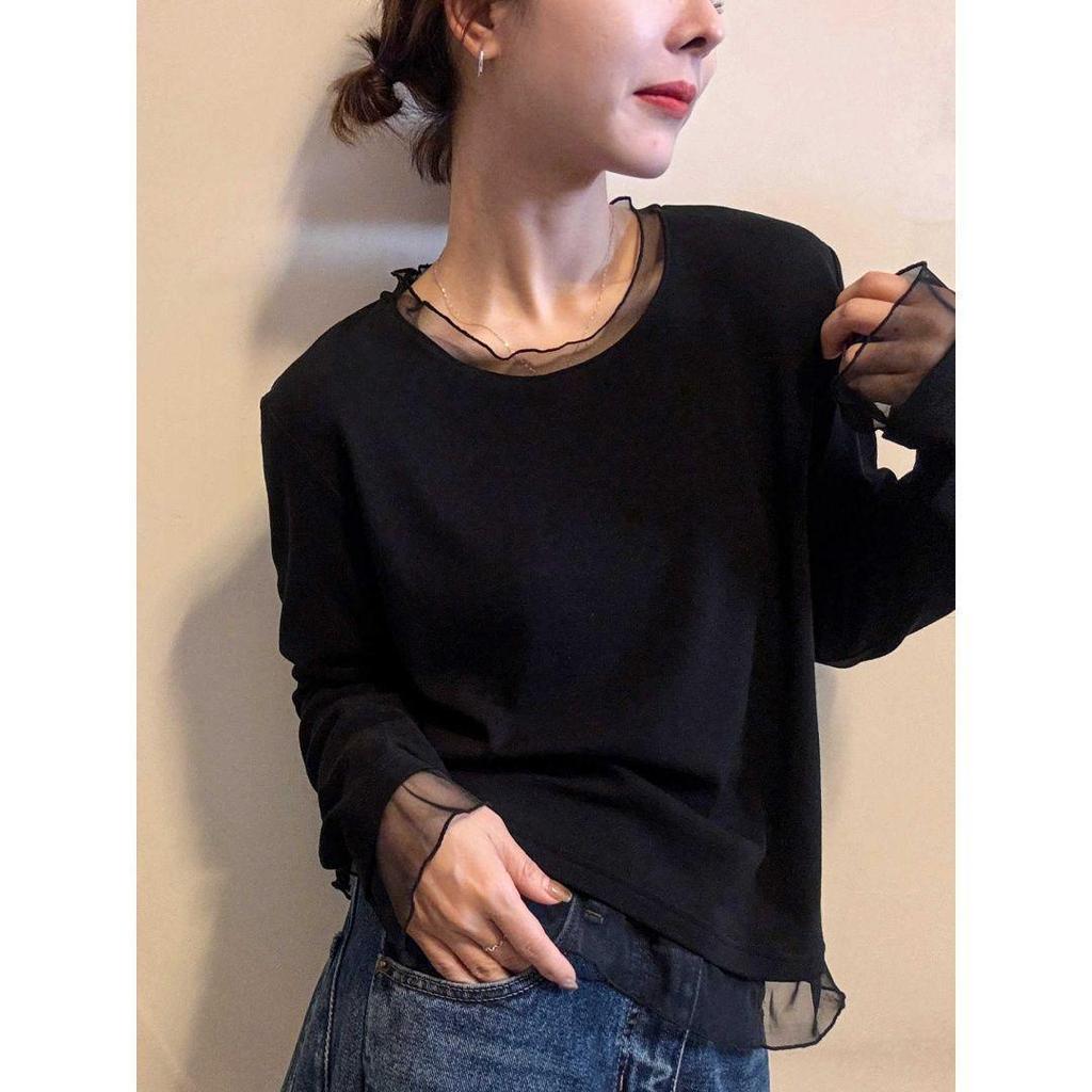 Plus Size Velvet Korean Style Long Sleeve Slimming Top for Women - Autumn/Winter Loose Mesh Patchwork Warm Top
