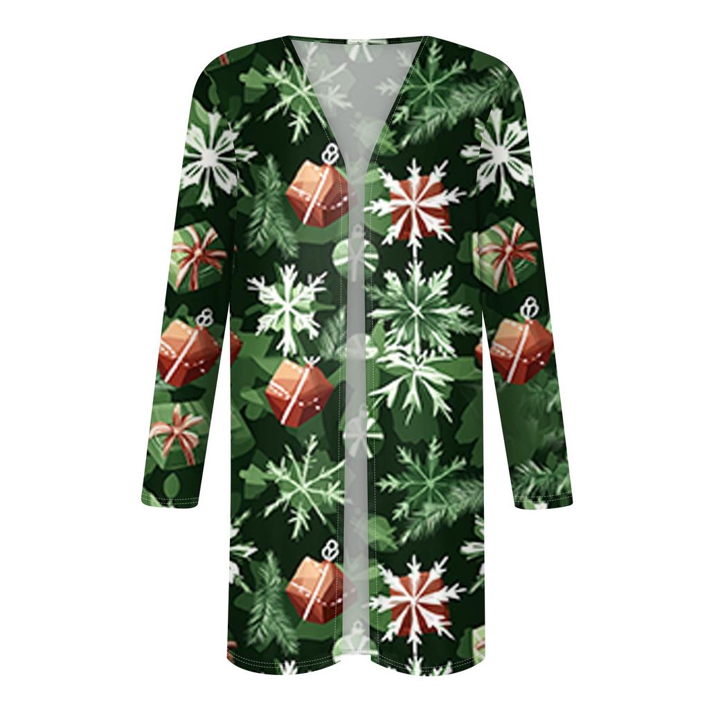 Women's Fashionable And Casual Christmas Printed Mid Length Cardigan Long Sleeved Jacket