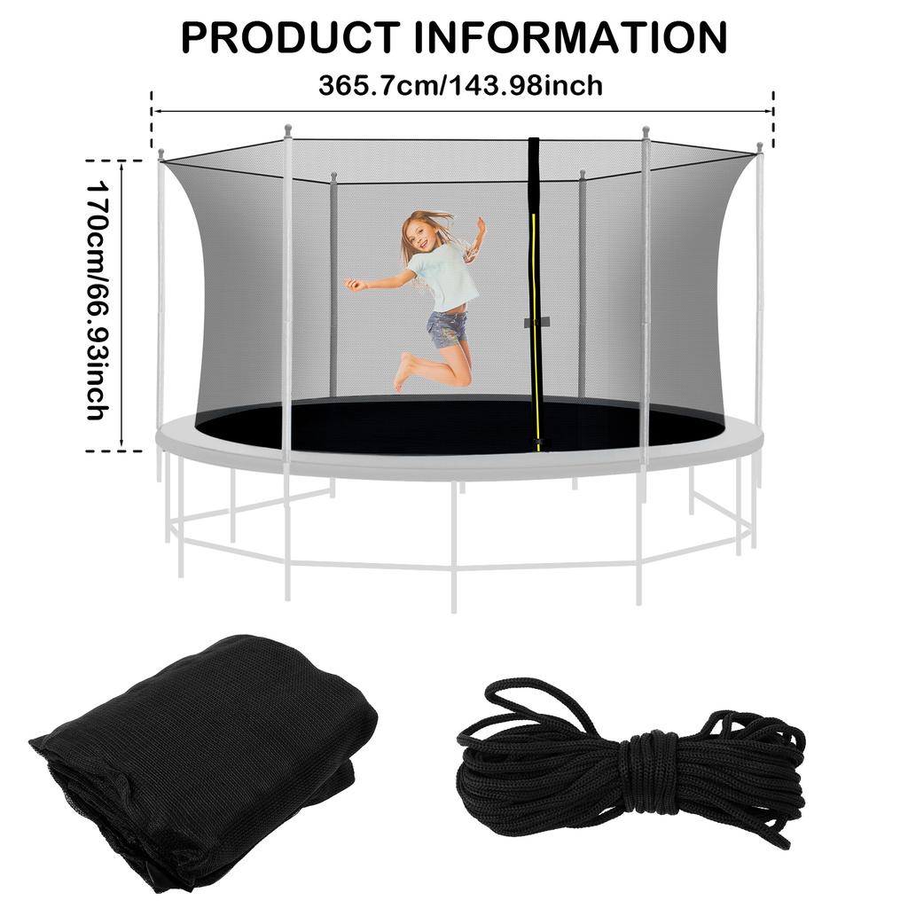 Trampoline Safety Enclosure Net with Zip and Buckle Flex Net Replacement Net Accessories for Trampoline from 8ft To 12ft In