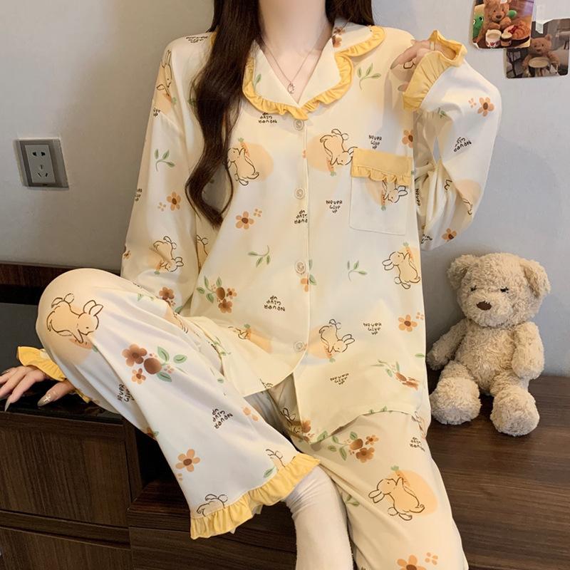 Contrasting color dachshund dog imitation cotton pajamas women's spring and autumn new sweet lace long-sleeved loose loungewear