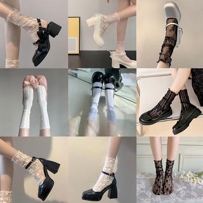 Summer Women Ultra Thin Floral Sexy Transparent Ice Glass Filament Long Tube Korean Lace Medium Tube  Socks Lolita Socks