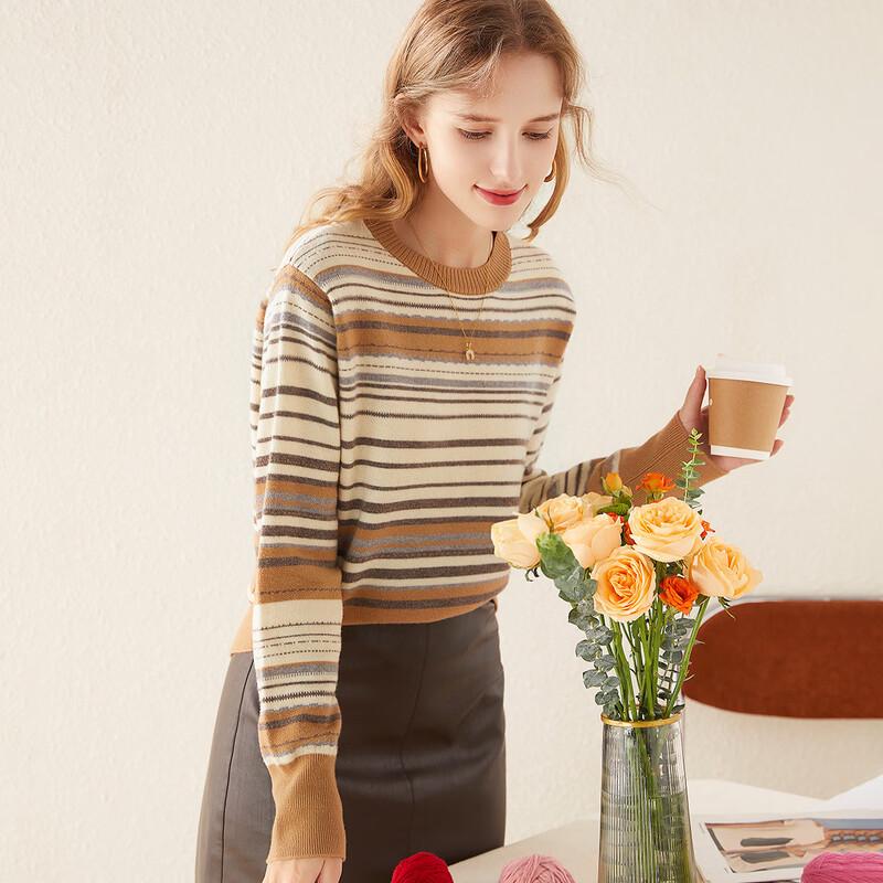 TUHUANG Women's Pure Wool Round Neck Color Block Stripe Sweater