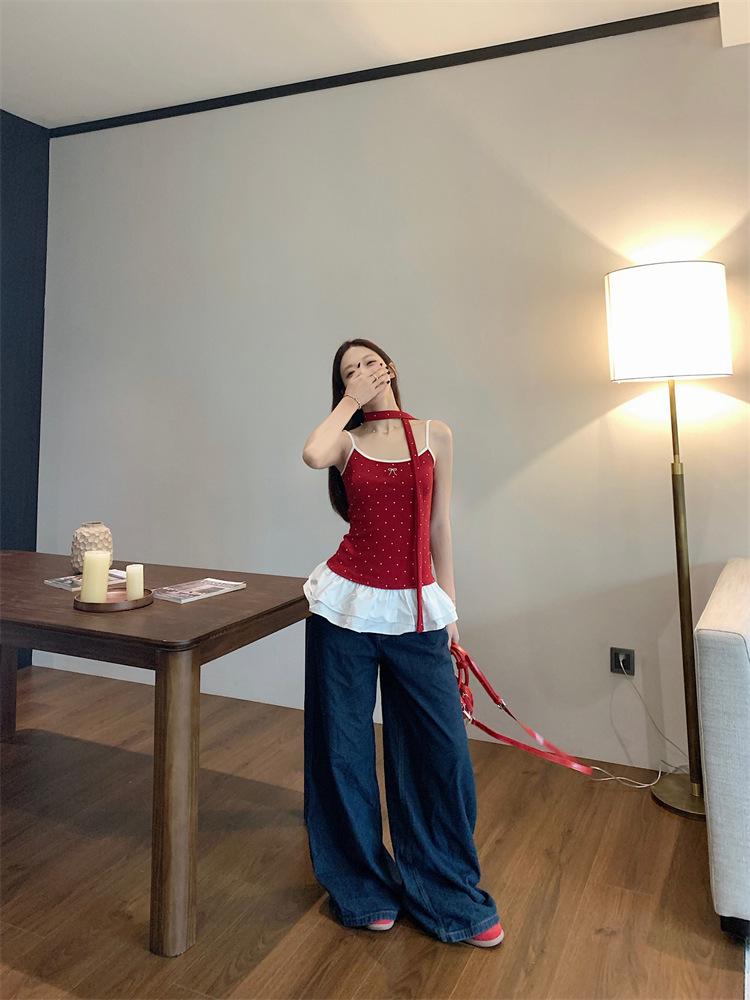 Korean Sweet & Spicy Polka Dot Red Camisole - Slimming & Versatile Summer 2026 Women's Top