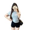 Chic Color Block Crew Neck Short Sleeve Knitted T-Shirt for Women - Preppy Style Summer 2025