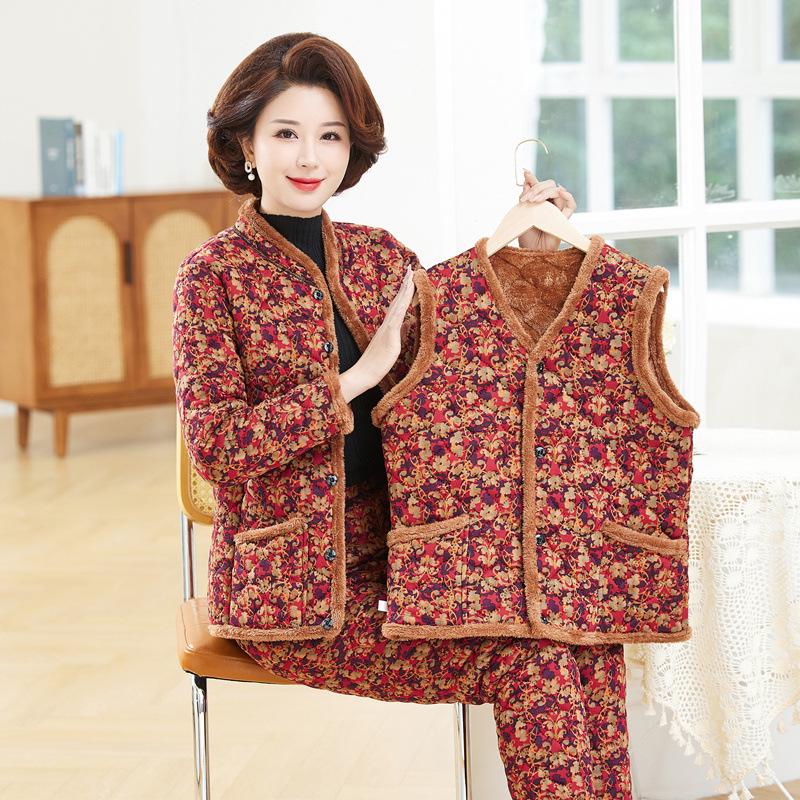 Women's Winter 3-Piece Set: Silk Cotton Coat & Outerwear for Middle-Aged