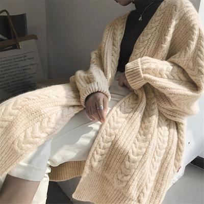 Autumn And Winter New Mid-length Knitted Cardigan Retro Fashion Thick Loose Cable Knit Sweater Coat For Women
