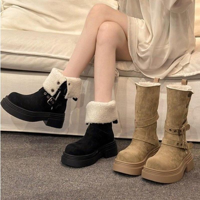 Thick-soled Shoes, Height-increasing Boots, Women's Fleece Warm Boots, Versatile and Retro Ankle Boots