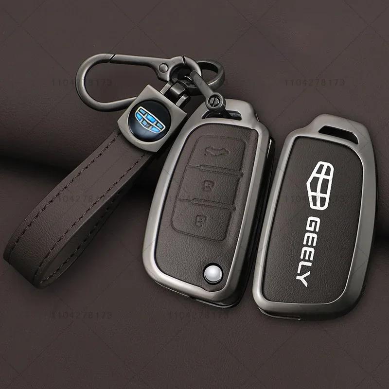 Zinc Alloy Leather Car Key Cover Protect Skin Case For Geely Gx3 Ec7 Ec8 Gc6 Ec715 Ec718 Emgrand7 Eu7 Ec7-Rv Ec718-Rv Keychain
