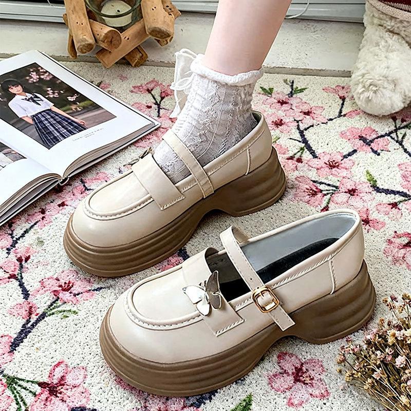 Spring and Autumn new thick heel platform retro college style jk shoes Mary Jane shoes milk white butterfly small leather shoes women