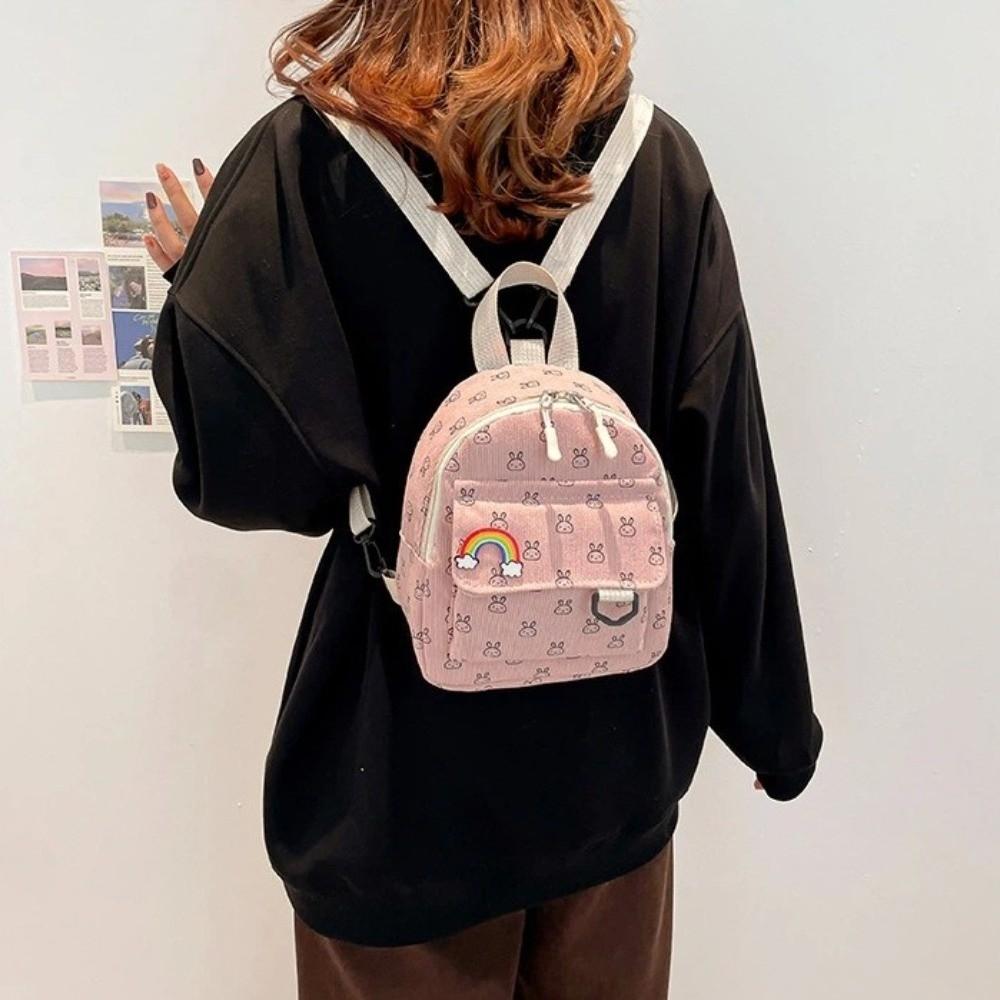 Fashion Cartoon Printed Mini Backpack Adjustable Shoulder Strap Corduroy Small Schoolbag Zipper Women's Backpack Women
