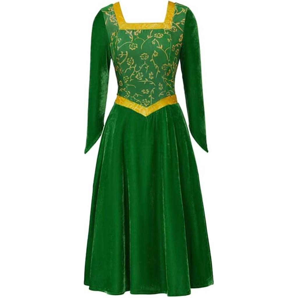 (3XL, Zelená) Kostým Princezny Fiony pro dospělé ženy Zelený sametový Cosplay šaty Halloweenský outfit