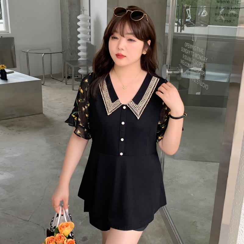 Plus Size Women's Summer New Skinny Covered Lotus Sleeve Temperament V Neck Short Sleeved Top