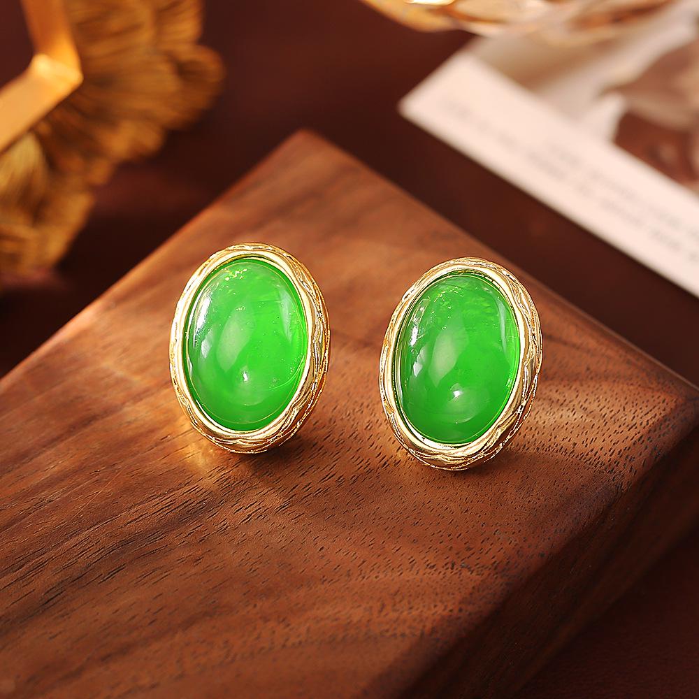 Элегантные изумрудные овальные серьги-гвоздики в китайском стиле - Высококачественные позолоченные медные модные украшения для женщин