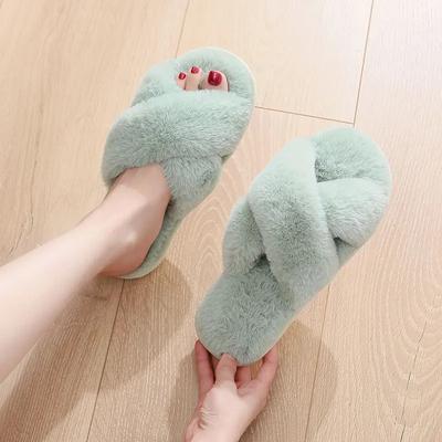 Fashion Winter Women Furry Slippers Fashion Warm Faux Fur Cross Plush Slippers Leisure Comfort Non Slip Indoor Floor Flat Cotton Shoes