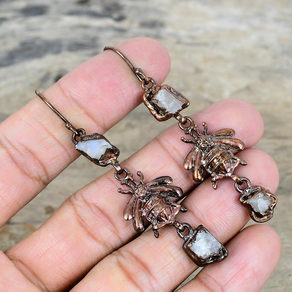 Rainbow moonstone rough earring electroformed copper earrings real gemstone earring handmade copper jewelry honey bee earrings gifts for her