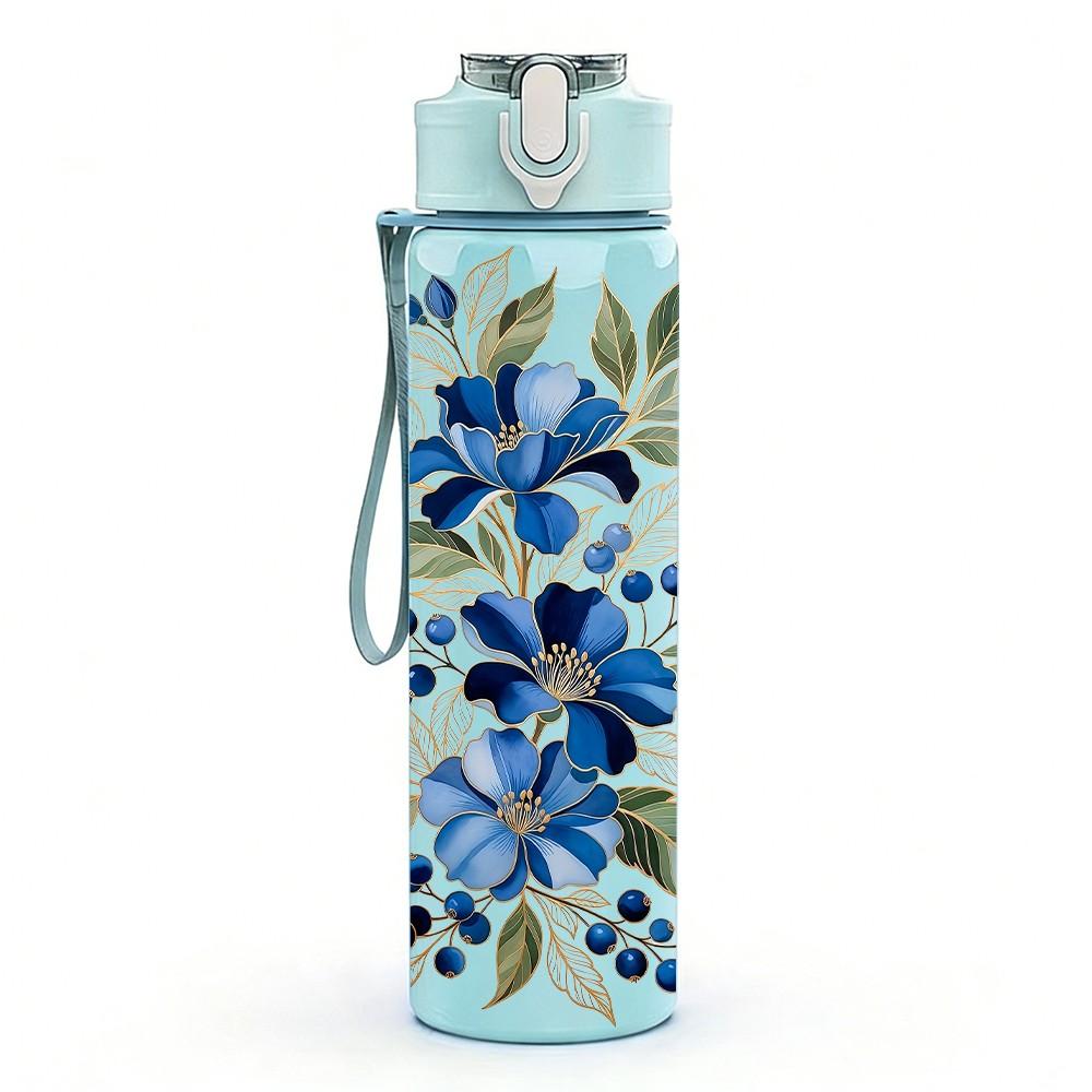 1PC Blue Floral Watercolor Vintage Pattern 750ml Color Plastic Sports Water Bottle Leakproof Flip Straw Lid Suitable for Sports Office Home Use