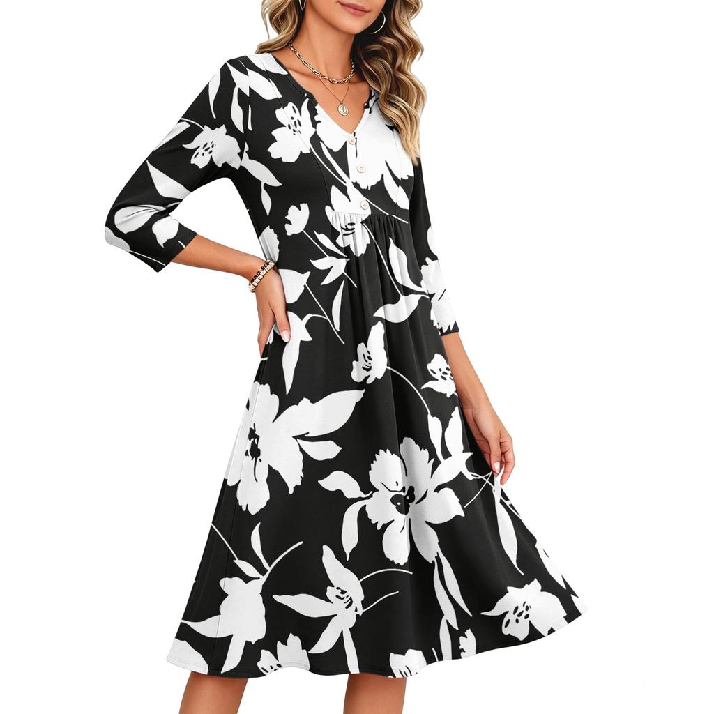 Women's Casual Floral Print V-Neck Three-Quarter Sleeve Dress