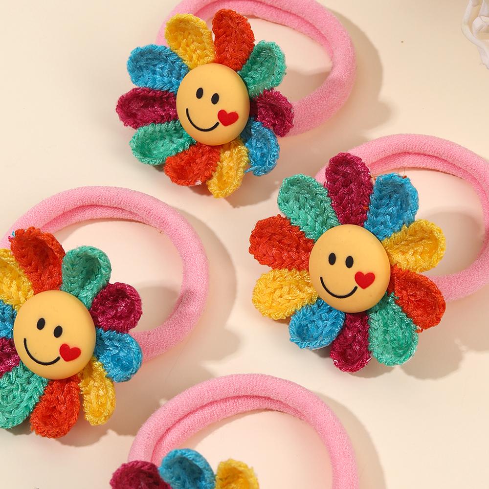 4Pcs Knitted Sunflower Hair Ties Cute Smiley Elastic Scrunchies Stretchy Ponytail Holders For Girls Kids Headdress Accessories