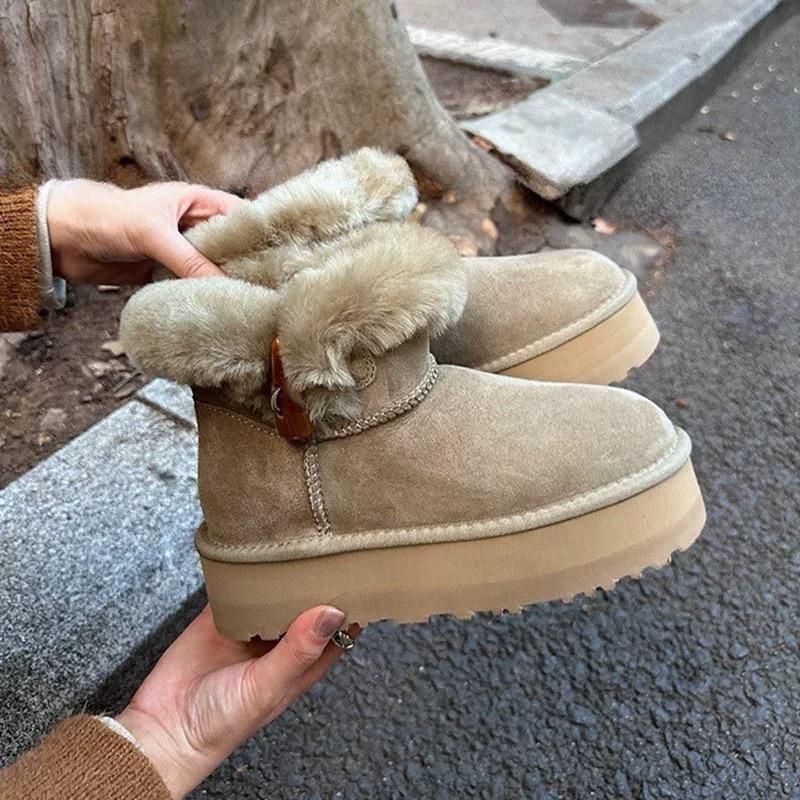 Sangpo Women's Sheepskin & Wool Thick-Soled Snow Boots - 2025 Winter Collection Genuine Leather & Wool Toggle.