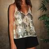 Women Summer Vest V-Neck Sleeveless Mesh Glitter Backless Sequin Lace Tops Loose Fit Beaded Sling Shirt