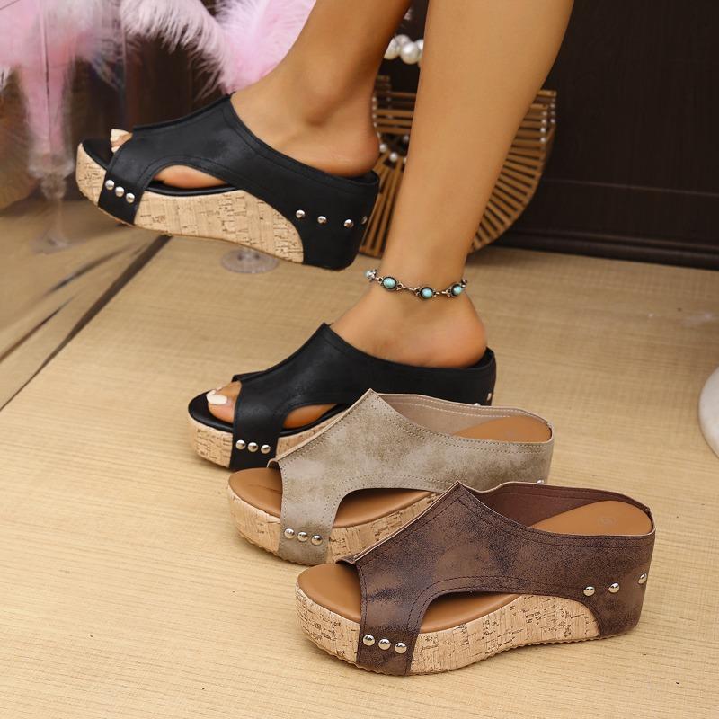 Summer New Rivet Wedge Heel Fish Mouth Sandals Women's Large Size Waterproof Table Hollow High Heel Women's Sandals 43