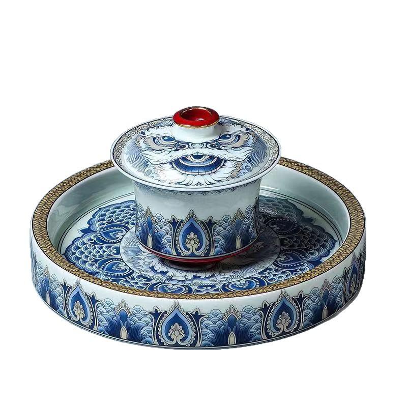 Blue and White Porcelain Lotus Kung Fu Tea Set: Enamel Teacup, Hovering Lid, Teapot, Saucer, and Master Cup.