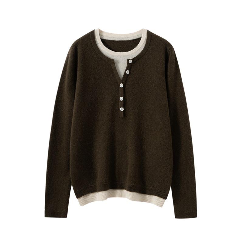 Autumn/Winter Women’s Color Block Cashmere Knit Layered Round Neck Pullover Sweater