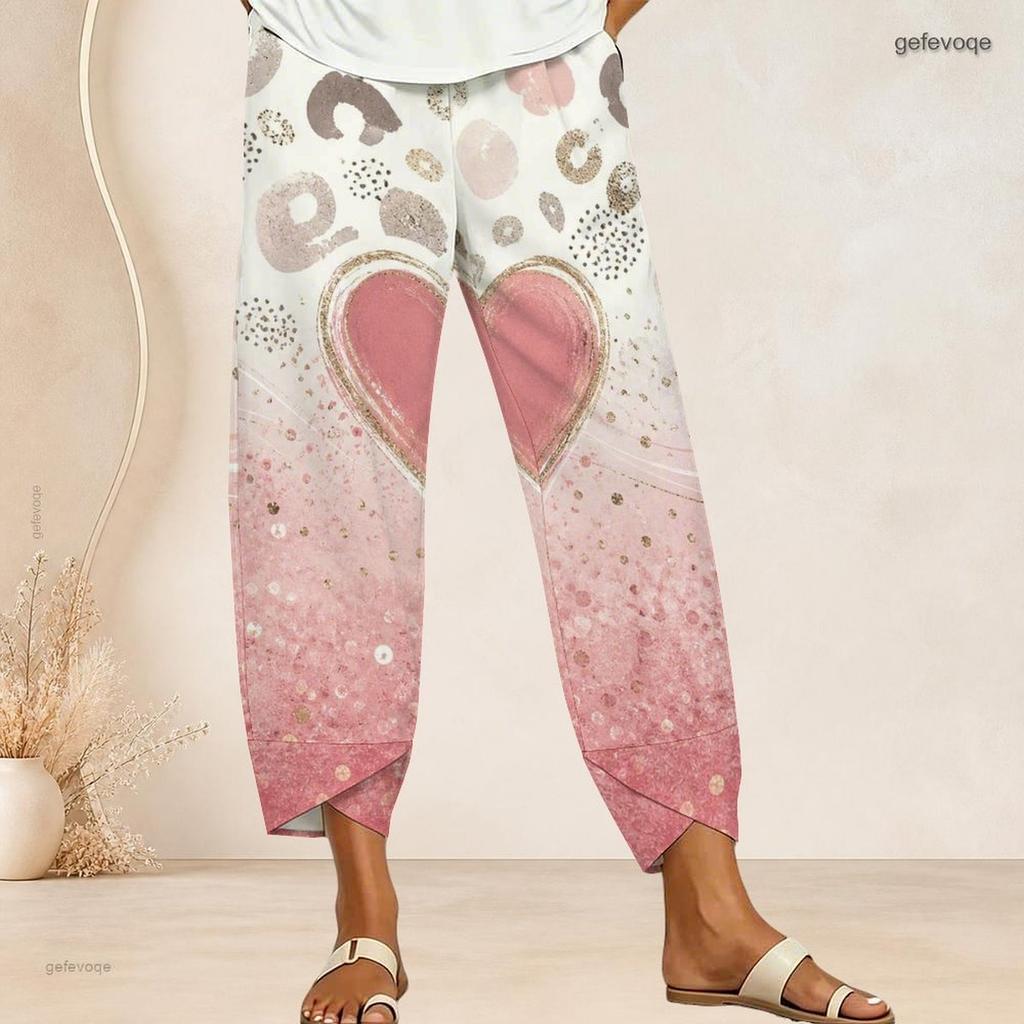 Women Plus Size Cross Hem Long Pants Colorful Sketch Heart Star Graffiti Print Loose Casual Trousers