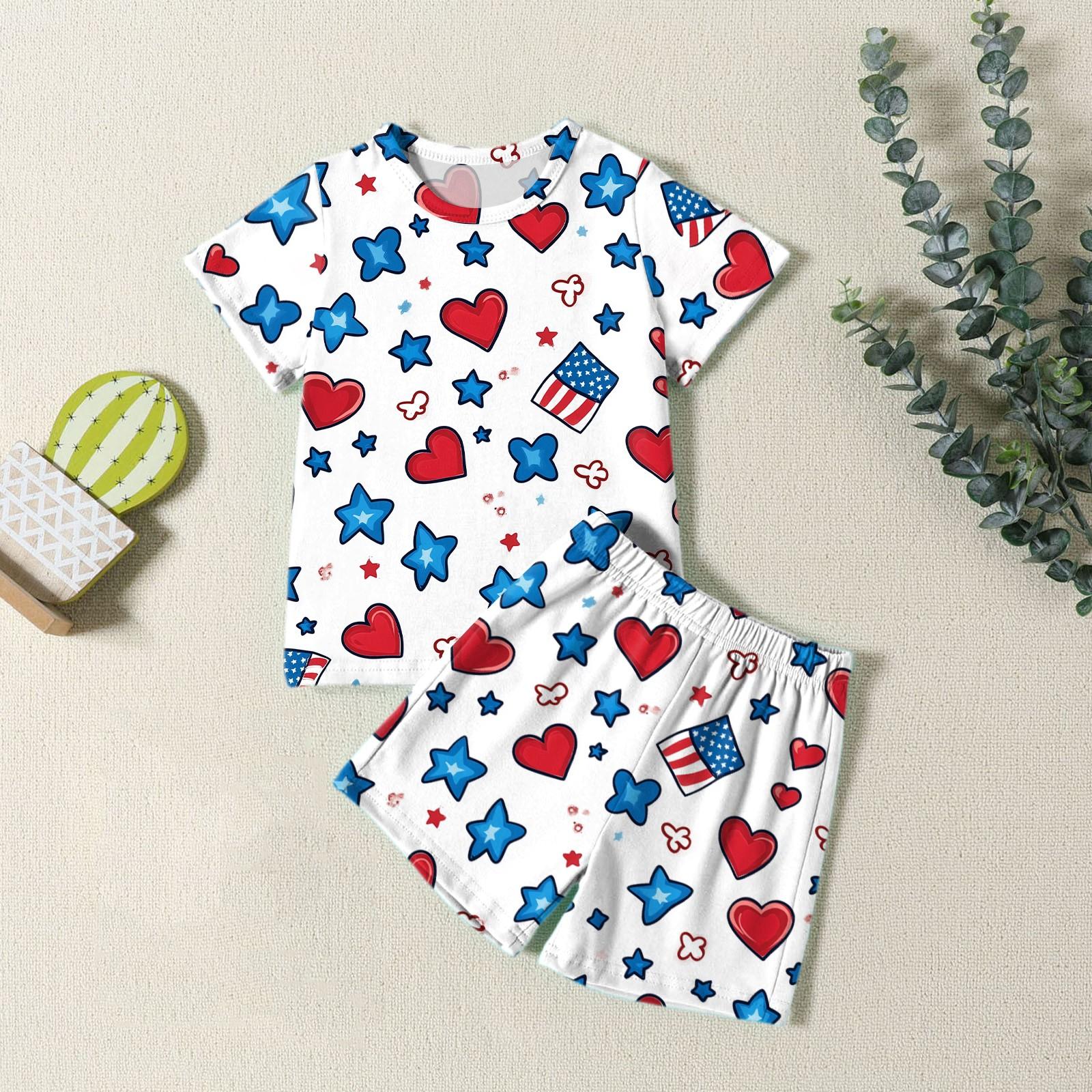 

Мода для мальчиков девочек Повседневный комплект ко Дню независимости: футболка с круглым вырезом и короткими рукавами, шорты 90 белый