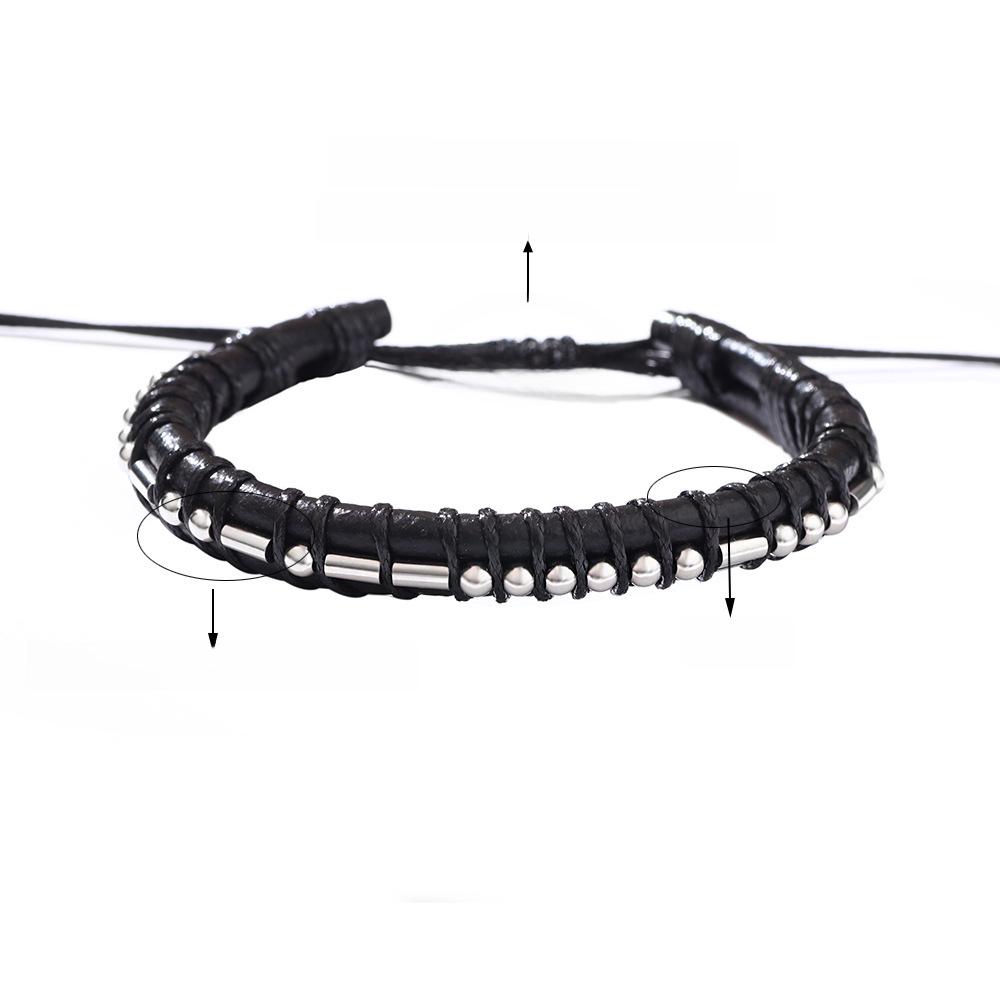 Men's Trendy Cowhide & Morse Code Bracelet with Stainless Steel Beads