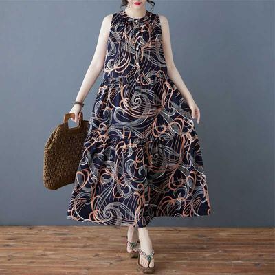 Ladies' Versatile Temperament Retro Printed Chiffon Mid Length Dress