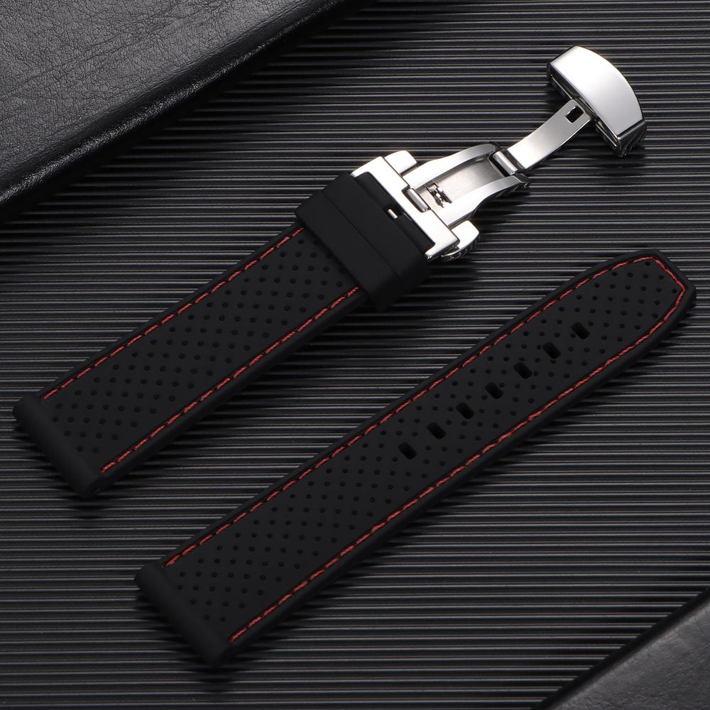 20mm 22mm Silicone Strap Waterproof Soft Rubber Watch Band Breathable Bracelet Universal Replacement Wristband Butterfly Buckle