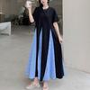 Casual Contrasting Colors Long Dress Summer Fashion Plaid Patchwork Women's Clothing Loose O-Neck Oversized Short Sleeve Dresses