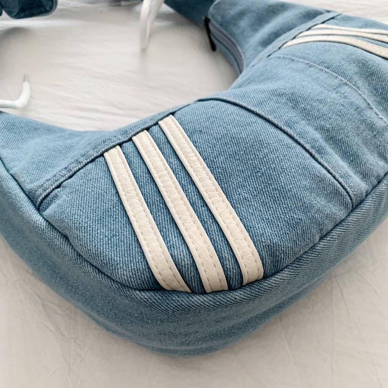Fashion Denim Hobo Bag Ruched Strap Striped Design Zipper Closure Casual Shoulder Purse for Women