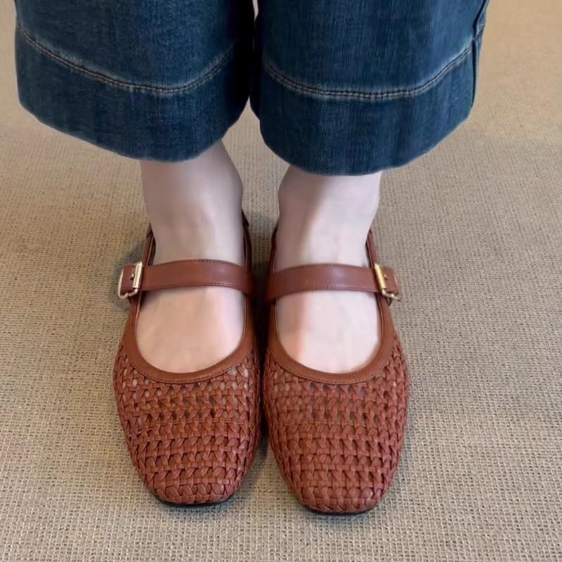 Sheepskin version niche hollow retro woven one-word strap single shoes women's summer new flat Mary Jane shoes hole shoes