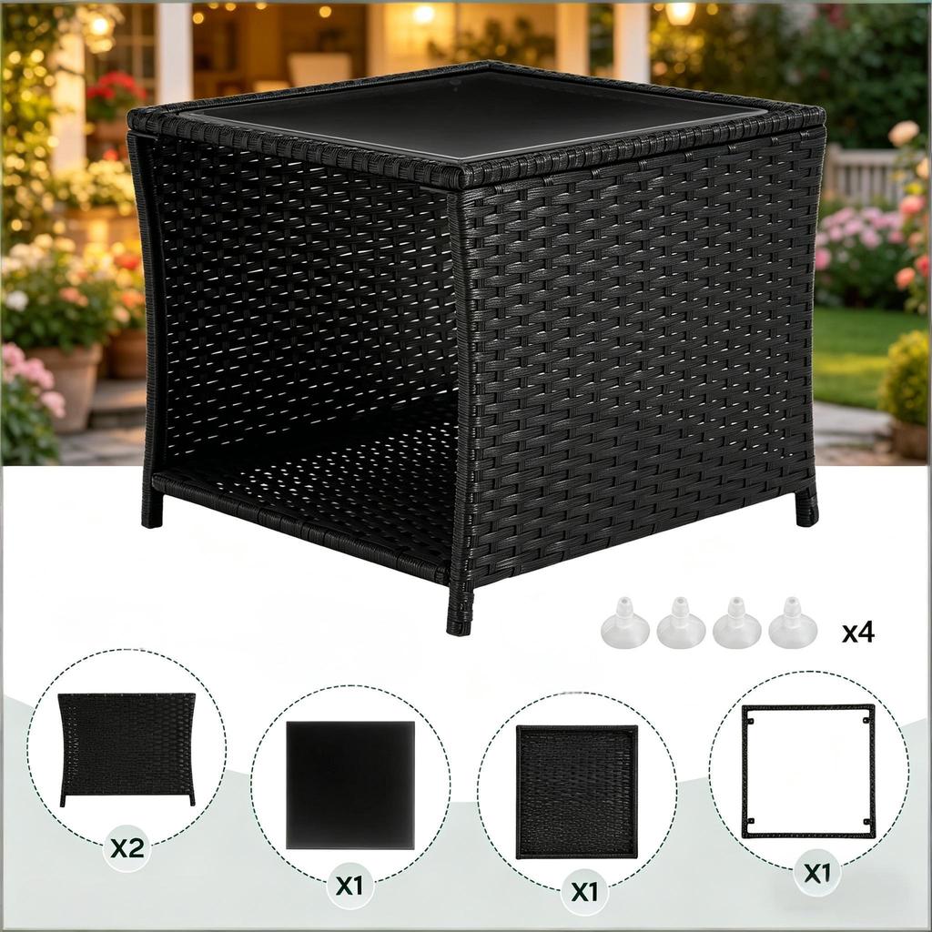 Rattan Garden Table, Small Side Table, Patio Table with Storage Space, Coffee Table