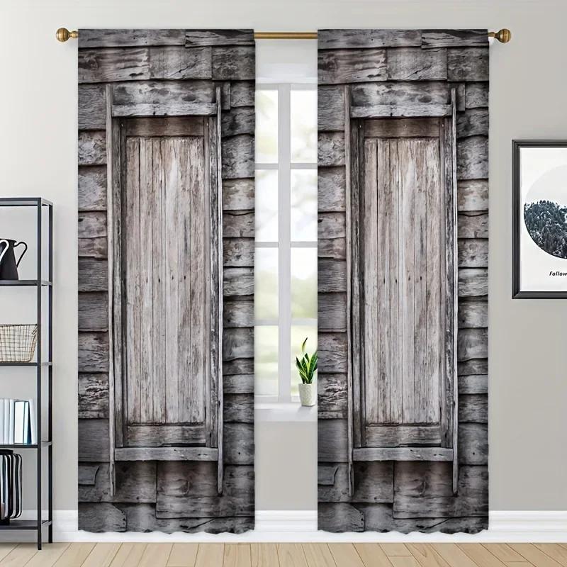3D 2pcs Metal Wooden Accessories Wooden Door Printed Curtains Living Room Bedroom Decoration 3D Digital Printing Curtain Home De
