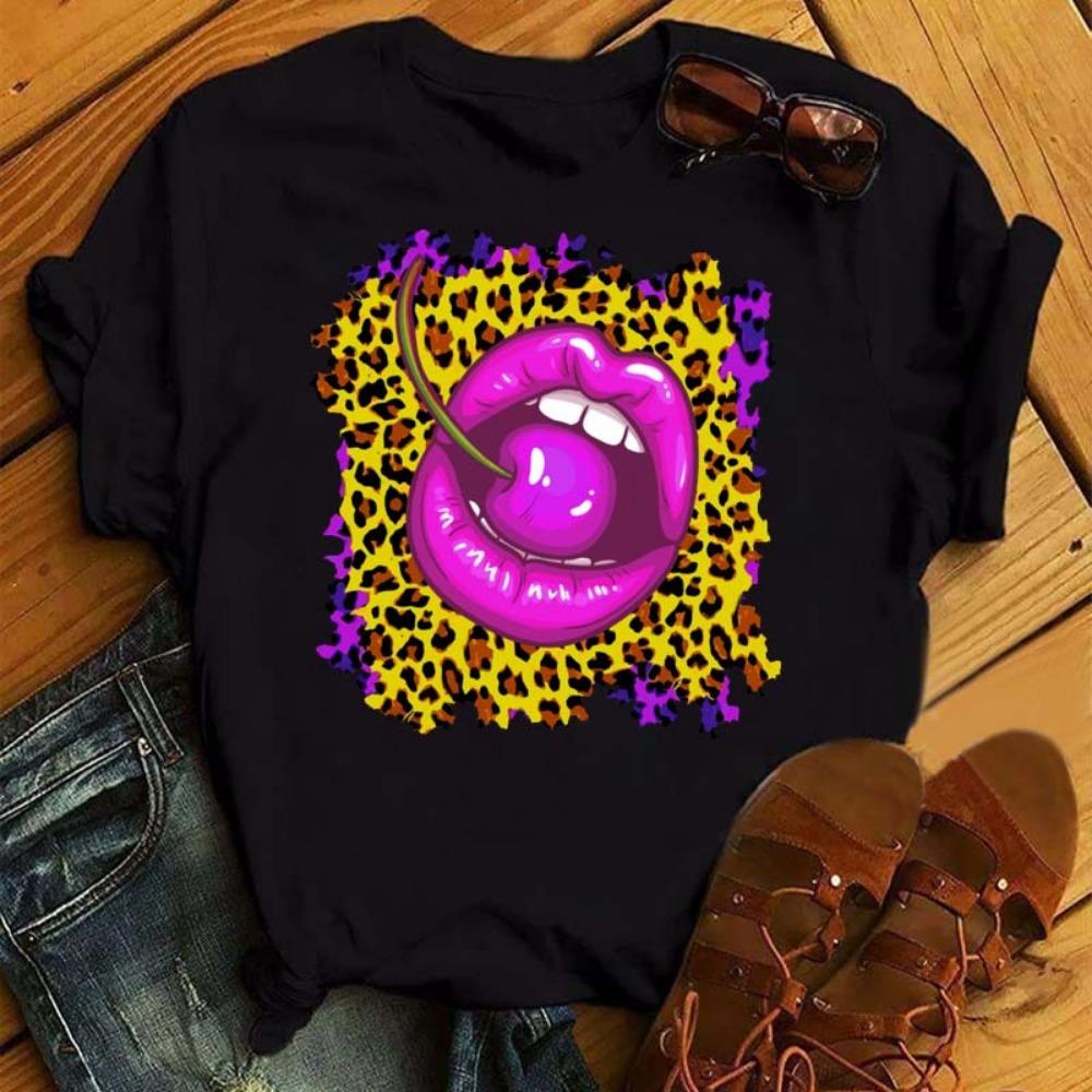 New Women Pink Lips Leopard Graphic T Shirt Casual Fahion O-neck Sexy Black Tees Kiss Lip Funny Girls Tshirt