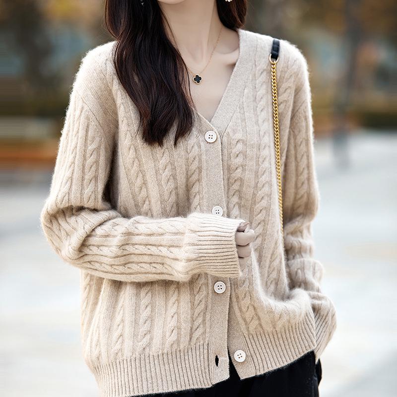 2026 Spring/Autumn Women's V-neck Wool Cardigan Sweater: Slimming, Loose-Fit, Lazy Style Knit Outerwear.
