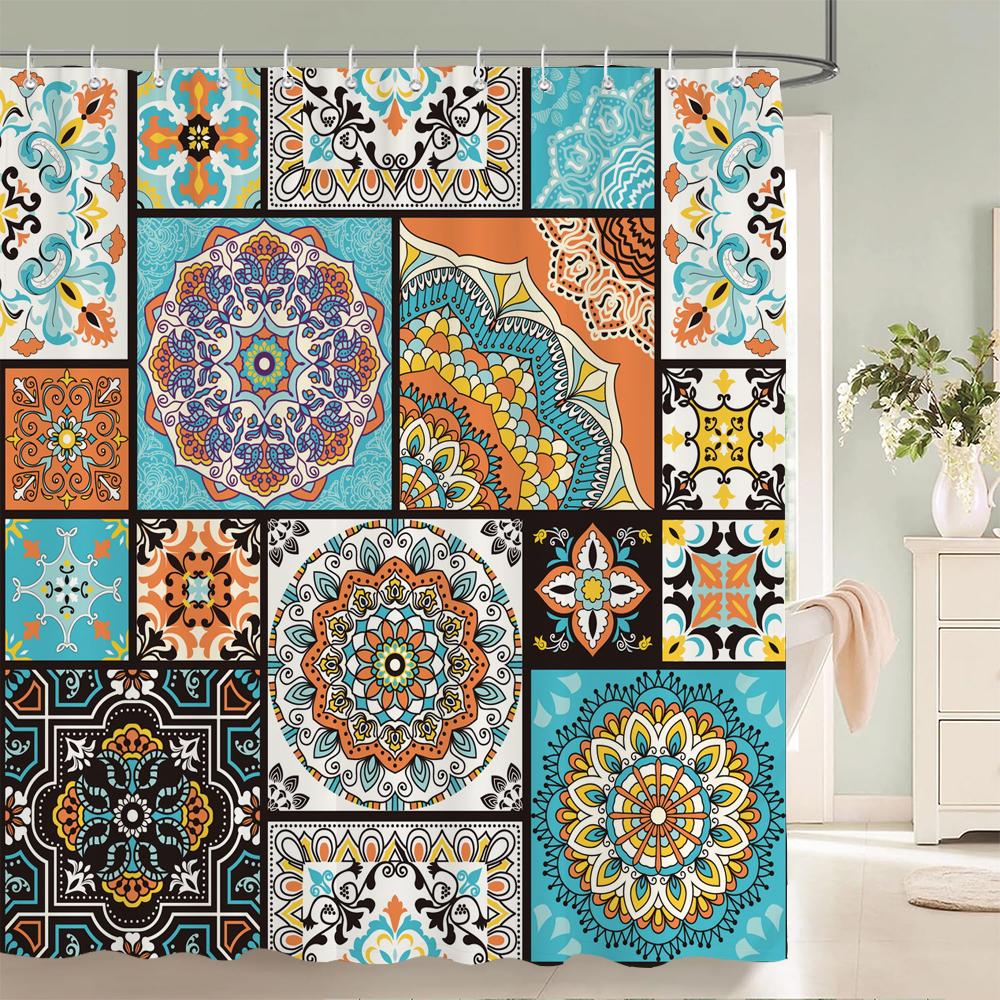 Bohemian Shower Curtains Moroccan Ethnic Decor Shower Curtain Floral Fabric Hanging Curtain Bathroom Decor Set With Hooks