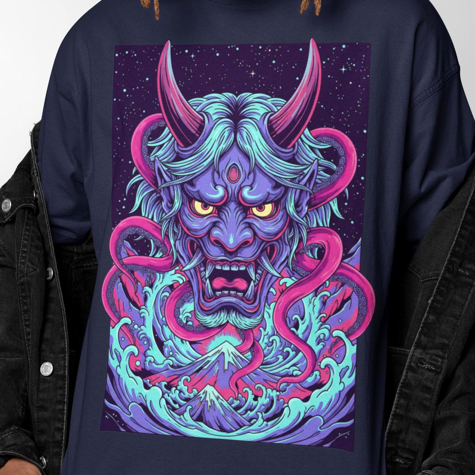Demon Samurai T-Shirt | Psychedelic Ninja Apparel | Surreal Oni Warrior Fantasy Art, Trippy Japanese Mythology Graphic Tee XL