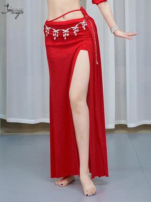Huayu Fairy Style Belly Dance Practice Set: Slit Long Skirt & Top for Oriental Performance.