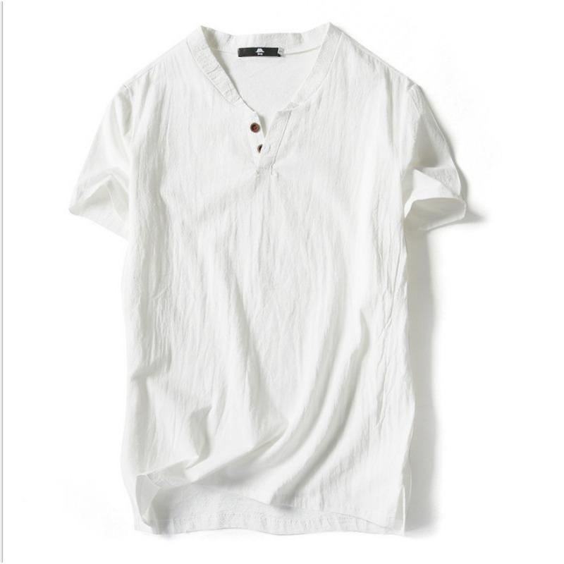 Herren Beiges Leinenmischung Henley-Kragen Kurzarm T-Shirt