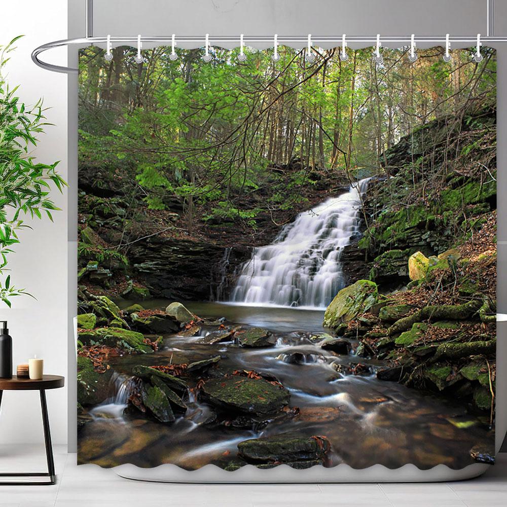 Tropical Jungle Shower Curtain Rainforest Plant Waterfall Spring Flowers Forest Nature Landscape Fabric Bathroom Curtains Decor